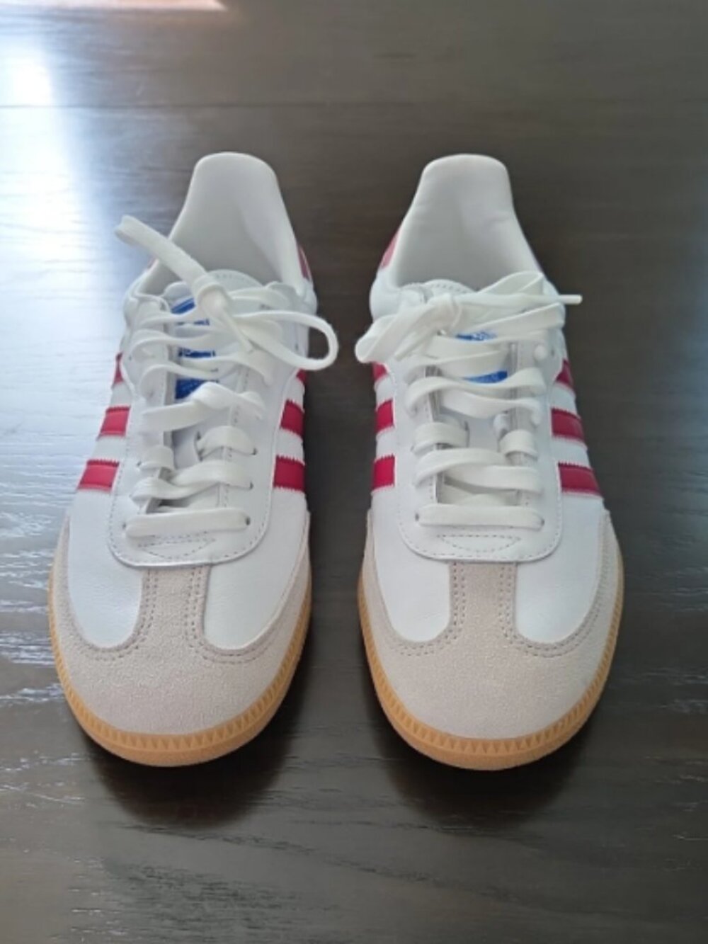 adidas White Sneakers with Red Stripes and Gum Outsole